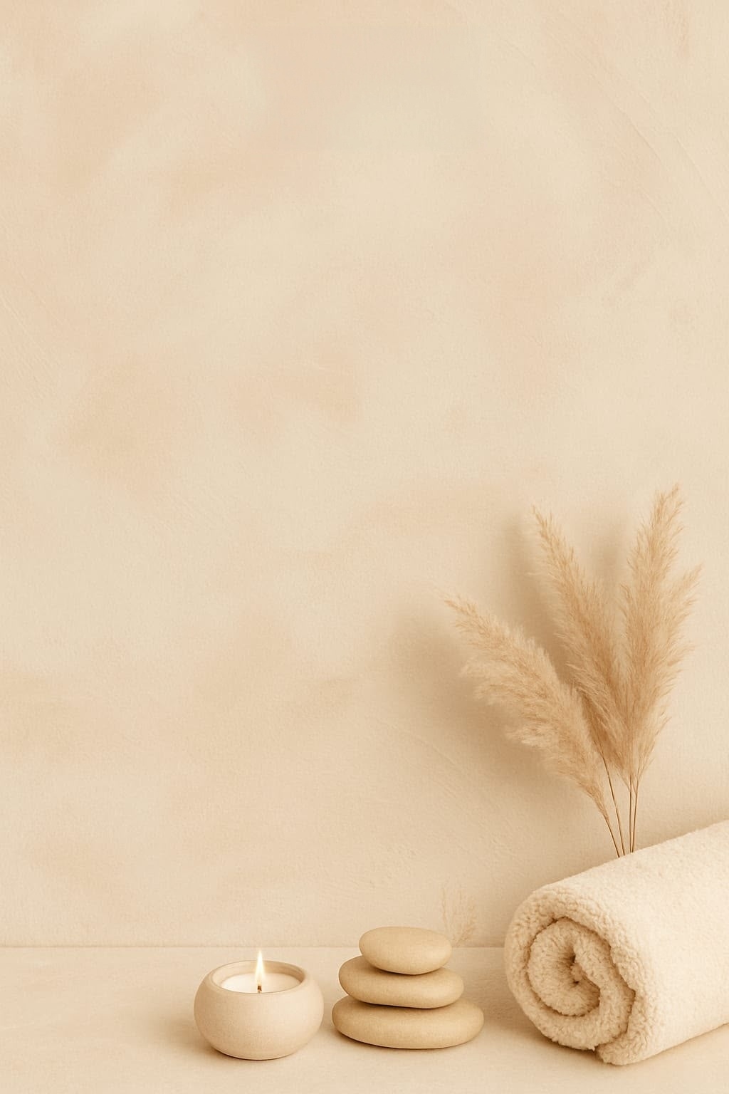 Candela, pietre calde e asciugamano arrotolato in un ambiente spa dai toni nude